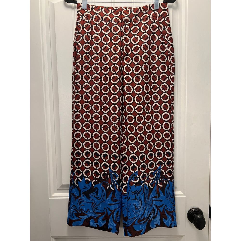 Zara Women's Geometric Print Lightweight Satin Wide Leg Pants Size S Brown Blue‎ - Picture 2 of 5